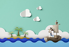 立體清新海邊椰樹云朵海報背景設計