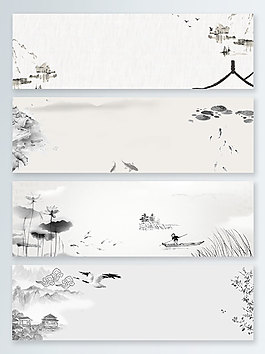 河流黑白水墨中國風(fēng)banner背景
