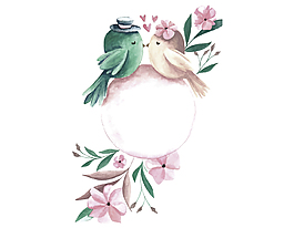 清新紫色花朵小鳥元素