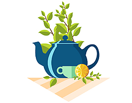 矢量藍色茶壺與檸檬