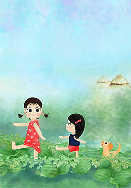 夏季西瓜地上的女孩与狗海报背景设计