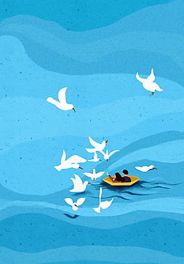 蓝色初夏海上划船海鸥海报背景素材