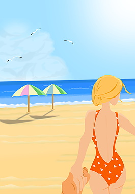 夏日海边比基尼女孩海报背景图
