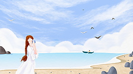 清新夏天海邊女孩海報背景圖