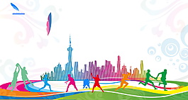 清新彩色城市剪影奔跑廣告背景
