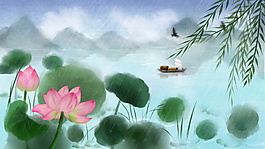 彩繪夏日大氣荷塘海報(bào)背景圖