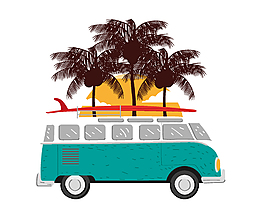 卡通綠色廣告汽車椰子樹矢量元素