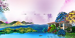 梦幻清新蓝色湖泊广告背景