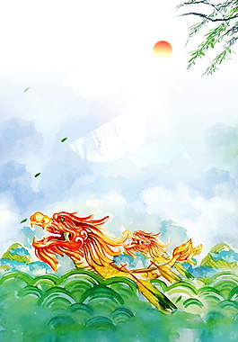 唯美日出下黃色龍舟端午節背景素材