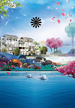 唯美花瓣白色别墅山水房地产背景素材
