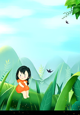 清新夏至公園草地女孩海報(bào)背景素材