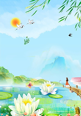 彩繪唯美小暑荷塘柳葉海報背景素材