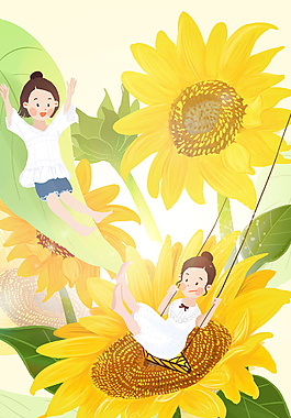 向日葵上蕩秋千的女孩夏季背景素材