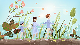 手繪卡通夏季踏青背景素材