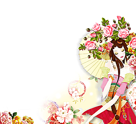 古典手繪花叢美女形象素材
