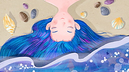 唯美藍色女孩頭發海洋背景素材