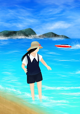 彩绘海边散步的女孩背景素材