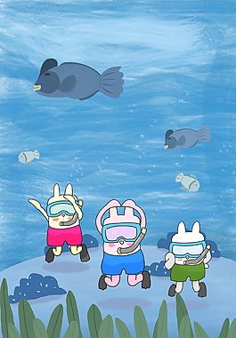 卡通可愛小兔潛水海報背景素材