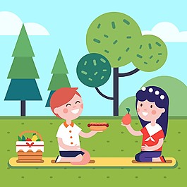 清新卡通情侣公园野餐装饰元素