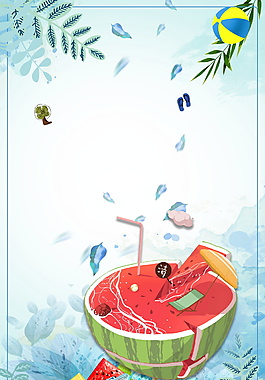 淺藍(lán)葉子背景冰爽西瓜夏至背景素材