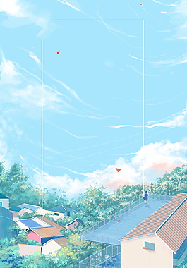 藍天白云屋頂風(fēng)景夏至背景素材