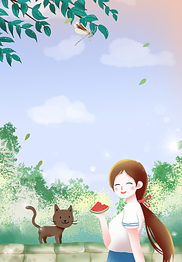 卡通可爱女孩吃西瓜夏至背景素材