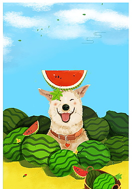 手繪卡通狗狗頭頂西瓜夏至背景素材