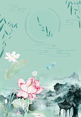 复古彩绘荷花夏至背景素材