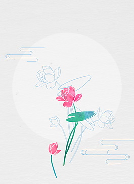 手绘红莲线条花朵夏至背景素材