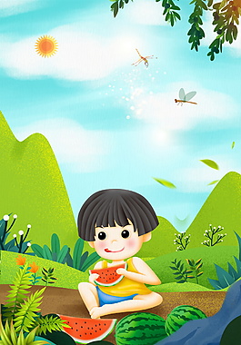 可愛卡通孩子解渴西瓜夏至背景素材