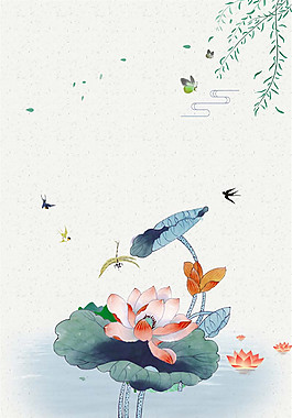 古典彩绘荷花柳叶夏至背景素材