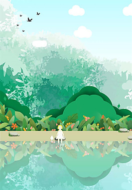 手繪河邊小花倒影夏至背景素材