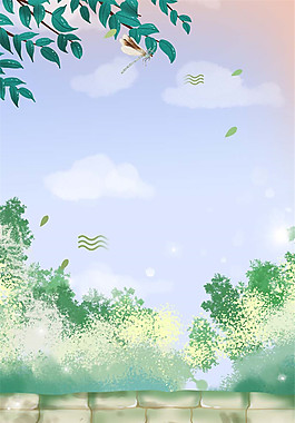 手繪繁花綠葉夏至背景素材
