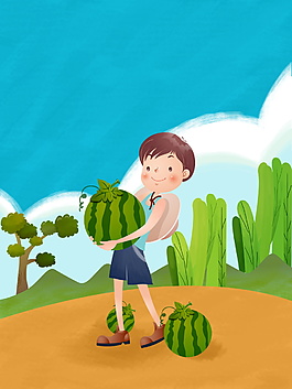 抱着西瓜的男孩小暑节气背景设计