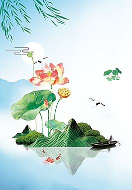 荷葉倒影小暑節(jié)氣背景素材