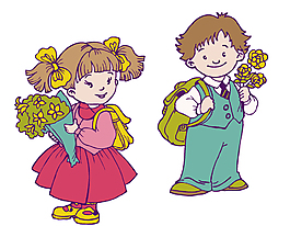 卡通男孩女孩背书包拿花矢量元素