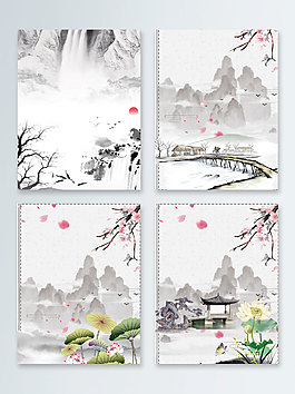 水墨荷花涼亭中國風廣告背景