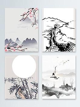 長(zhǎng)城竹葉中國(guó)風(fēng)水墨廣告背景圖