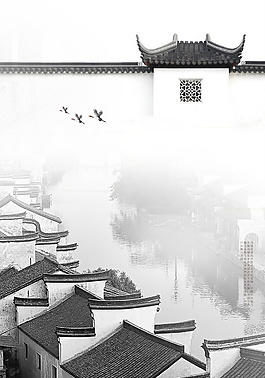 河邊房屋倒影古鎮旅游背景素材
