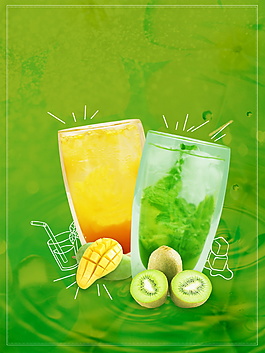 彩绘青绿背景水果冷饮广告背景素材