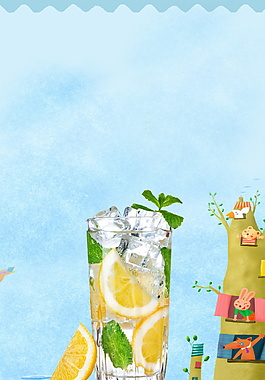 冰酸檸檬冰塊冷飲卡通動物廣告背景素材