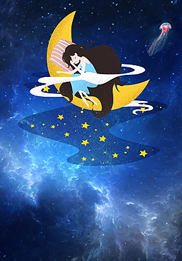 月亮上熟睡女孩仲夏之夜背景素材
