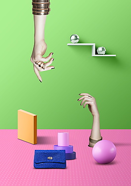 创意3D立体时尚女包撞色海报背景素材