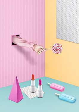 温馨糖果色3D立体冰棒糖果口红海报背景