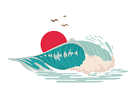卡通大海海鷗落日元素