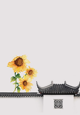 古典屋檐上的向日葵大暑节气广告背景素材