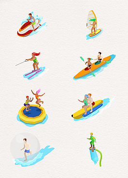 8款彩繪夏日卡通海邊人物場景設計元素