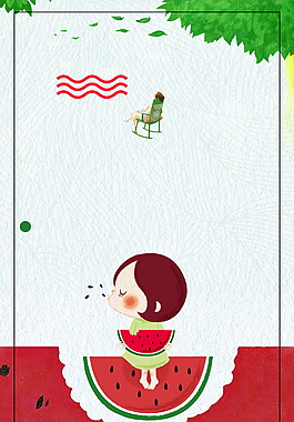吃西瓜女孩边框大暑背景素材