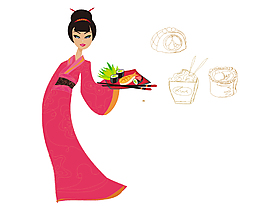 手绘日式料理寿司和美女
