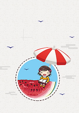 遮陽傘下西瓜上坐著看書的女孩大署背景素材